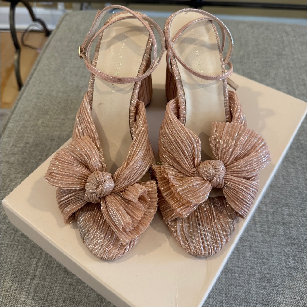 Leoffler Randall Camellia Pleated Knot Block Heel Sandals